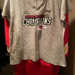 Fanatics Women’s large, 2XL and 3XL, Kansas City Chiefs V-neck CHAMPION T-shirt.